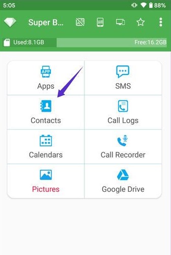 انتخاب گزینه ی Contacts از برنامه Super backup