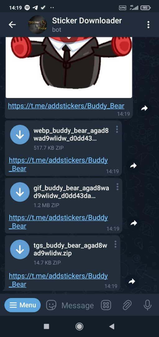 پس از ارسال استیکر متحرک مورد نظر، این ربات چهار فایل برای شما ارسال می‌کند.